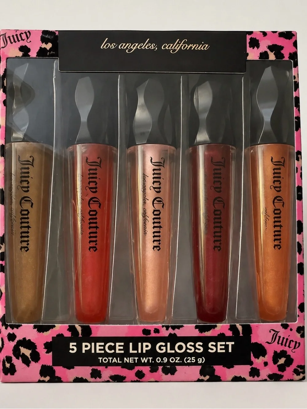 Juicy Couture 5 Piece Lip Gloss Set Pink Leopard NIB